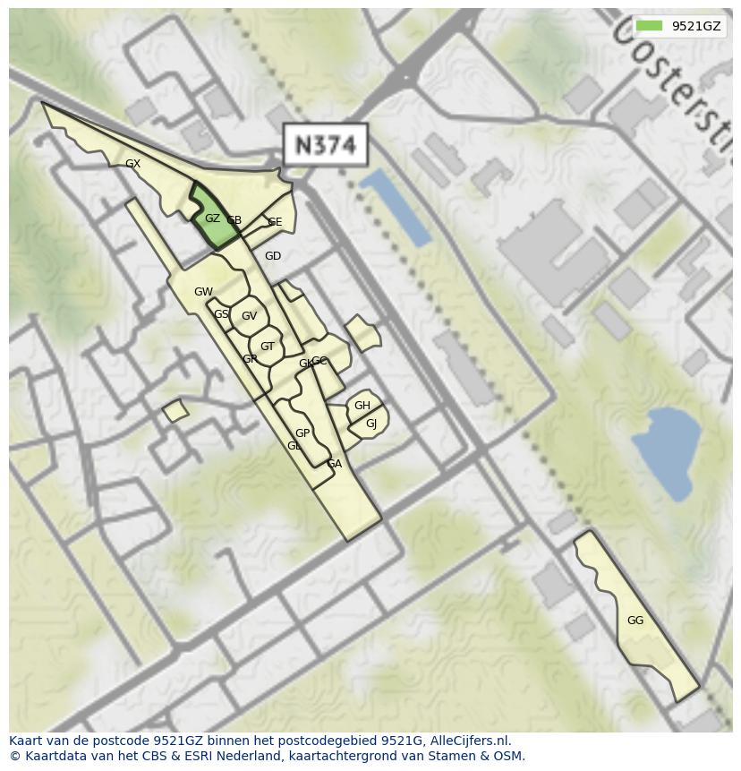 Afbeelding van het postcodegebied 9521 GZ op de kaart.