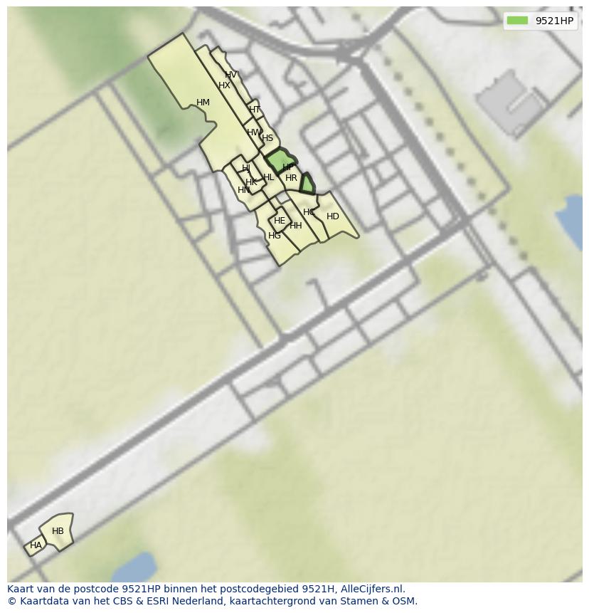 Afbeelding van het postcodegebied 9521 HP op de kaart.