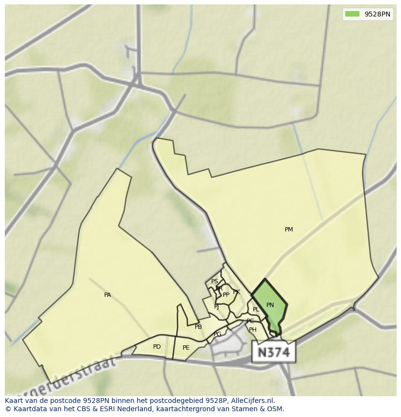 Afbeelding van het postcodegebied 9528 PN op de kaart.