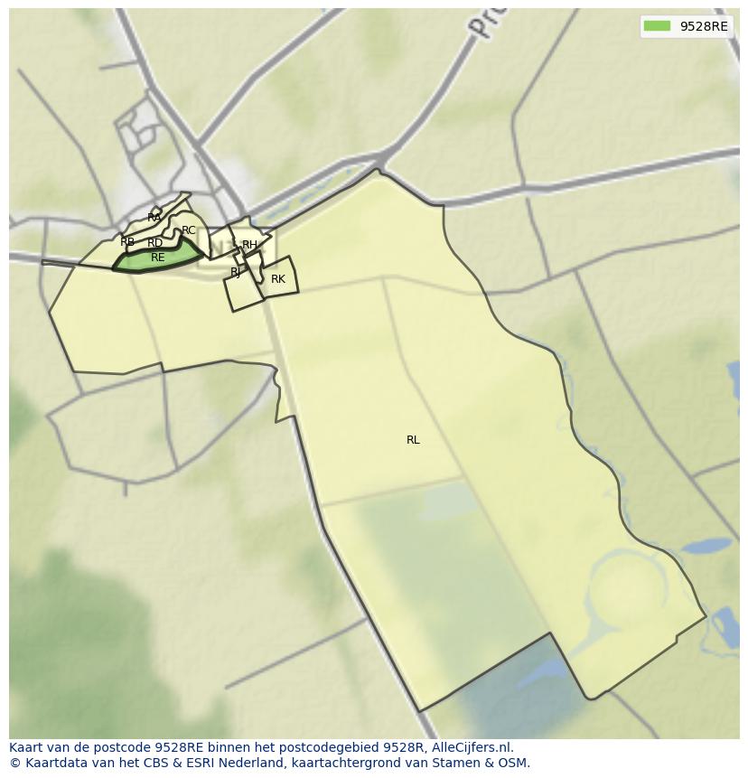 Afbeelding van het postcodegebied 9528 RE op de kaart.