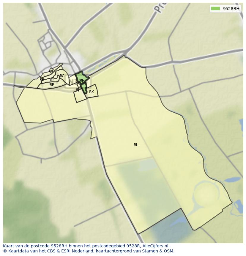 Afbeelding van het postcodegebied 9528 RH op de kaart.