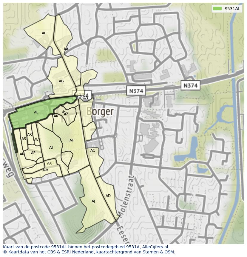 Afbeelding van het postcodegebied 9531 AL op de kaart.