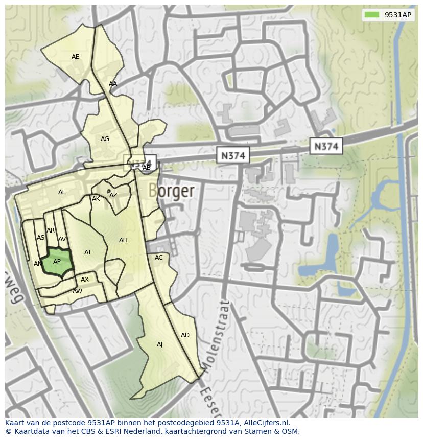 Afbeelding van het postcodegebied 9531 AP op de kaart.