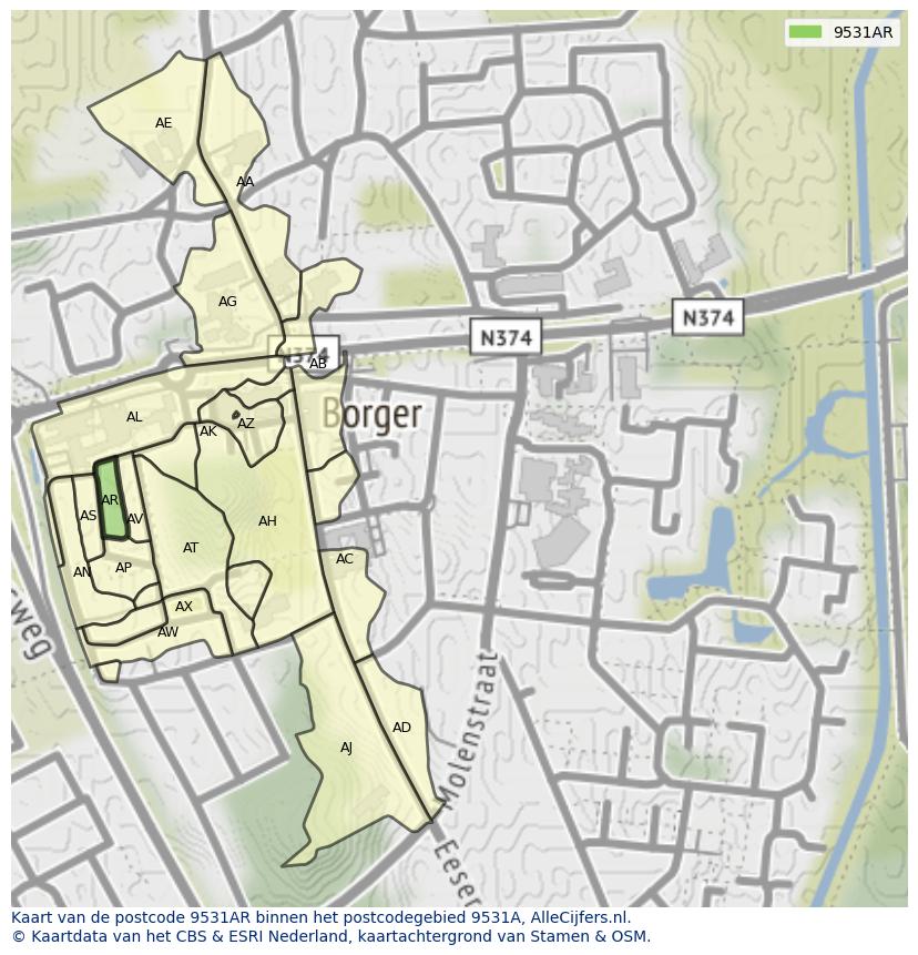 Afbeelding van het postcodegebied 9531 AR op de kaart.