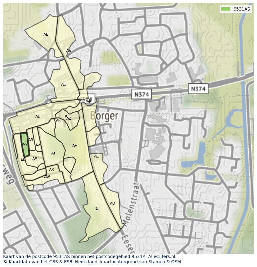 Afbeelding van het postcodegebied 9531 AS op de kaart.