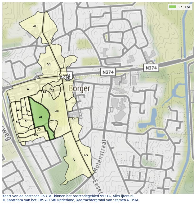 Afbeelding van het postcodegebied 9531 AT op de kaart.