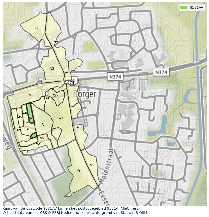 Afbeelding van het postcodegebied 9531 AV op de kaart.