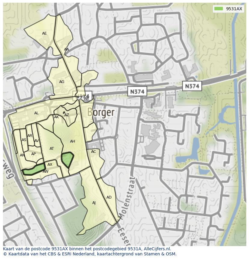 Afbeelding van het postcodegebied 9531 AX op de kaart.