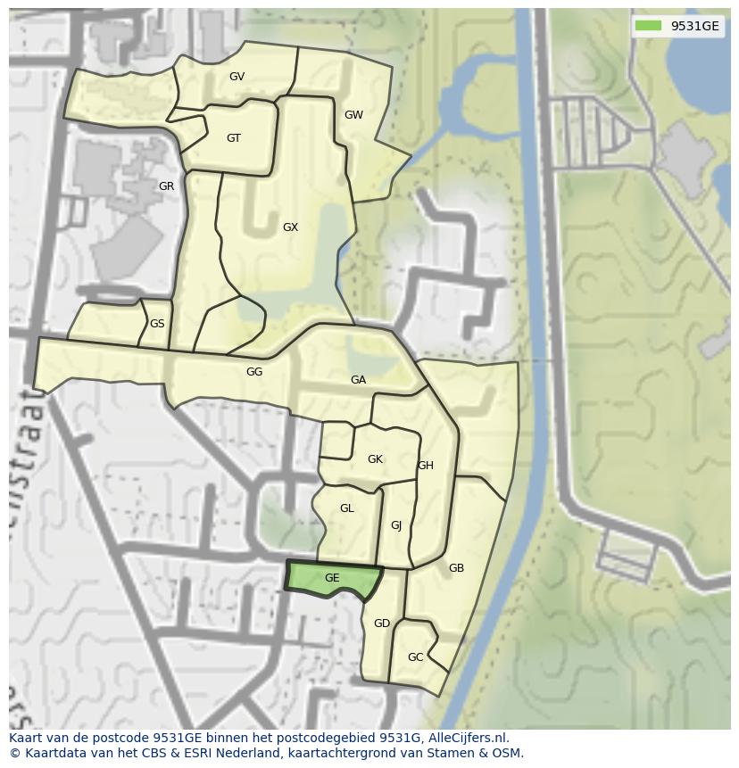 Afbeelding van het postcodegebied 9531 GE op de kaart.
