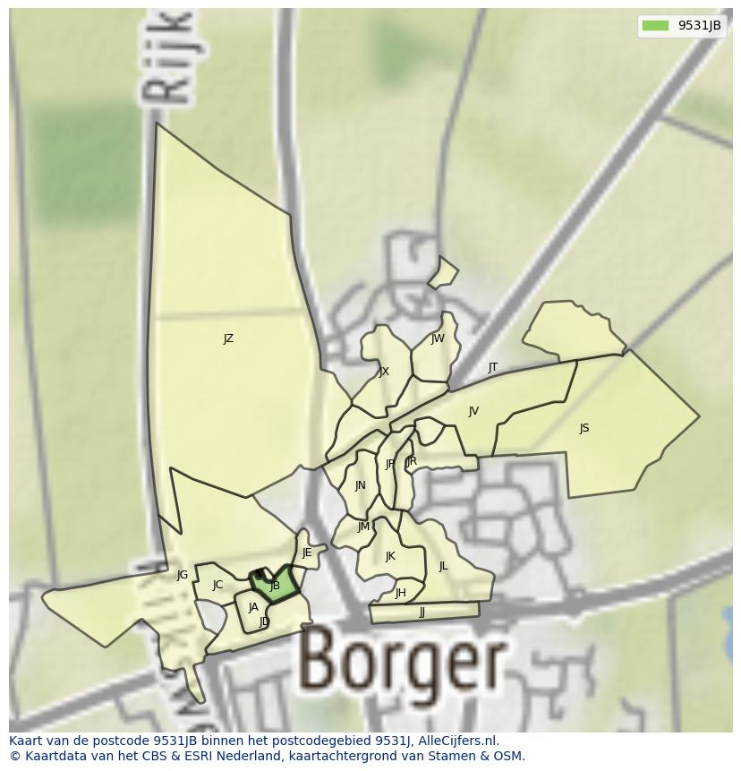 Afbeelding van het postcodegebied 9531 JB op de kaart.