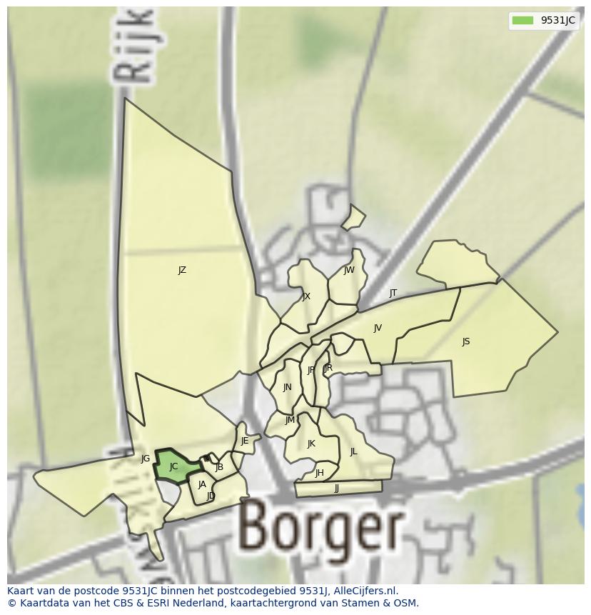 Afbeelding van het postcodegebied 9531 JC op de kaart.