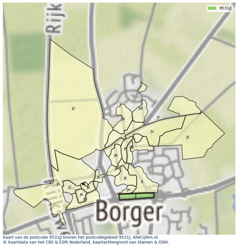 Afbeelding van het postcodegebied 9531 JJ op de kaart.