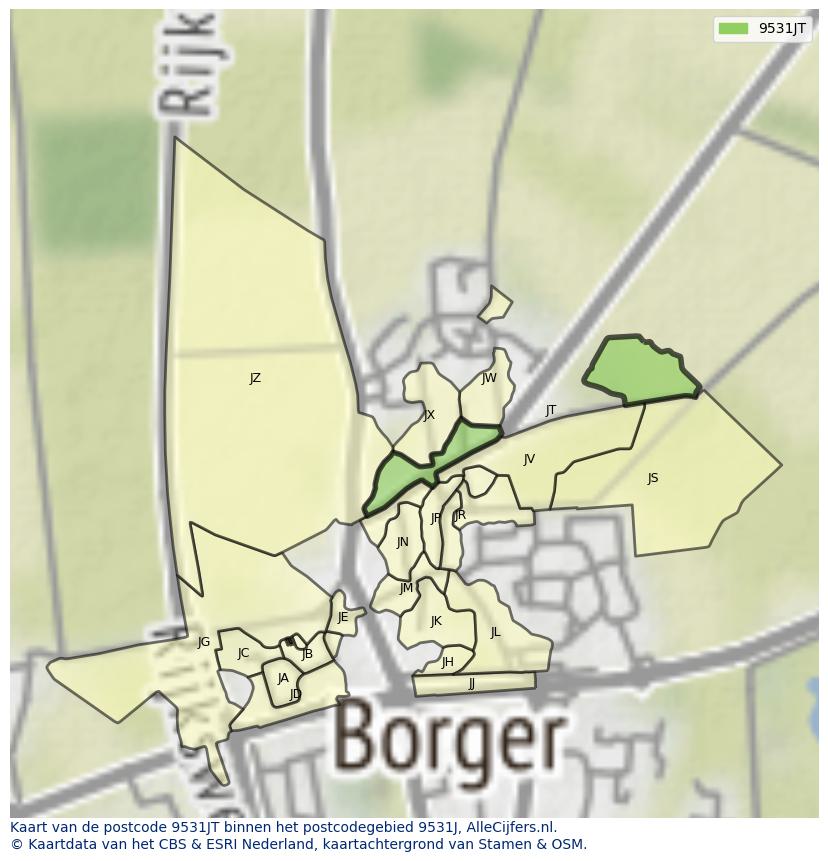 Afbeelding van het postcodegebied 9531 JT op de kaart.