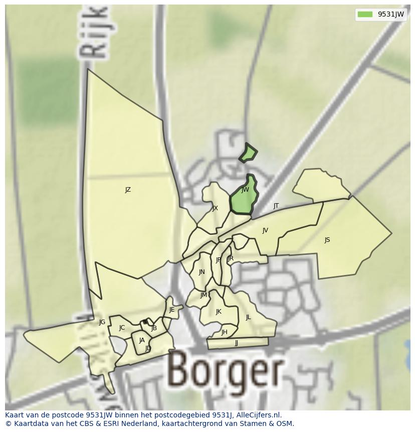 Afbeelding van het postcodegebied 9531 JW op de kaart.