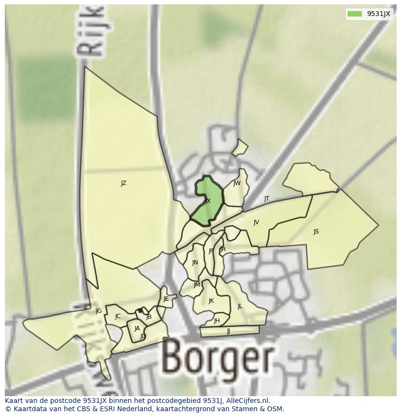 Afbeelding van het postcodegebied 9531 JX op de kaart.