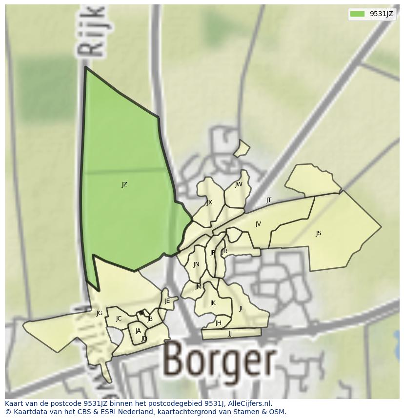 Afbeelding van het postcodegebied 9531 JZ op de kaart.