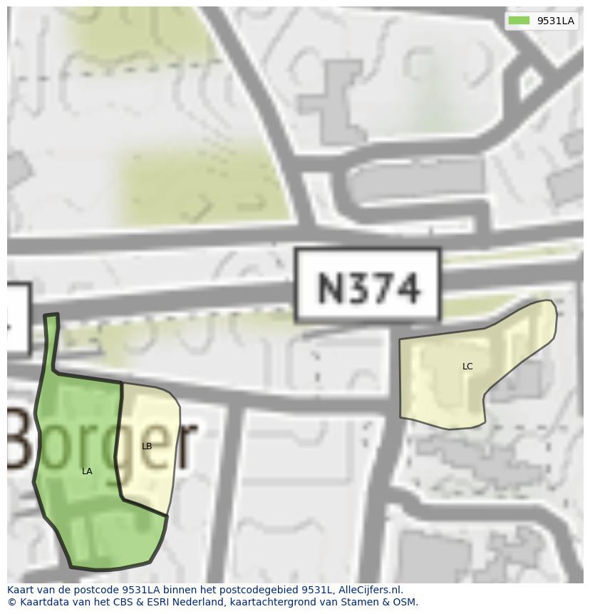Afbeelding van het postcodegebied 9531 LA op de kaart.