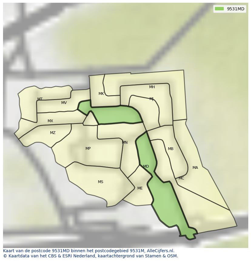 Afbeelding van het postcodegebied 9531 MD op de kaart.