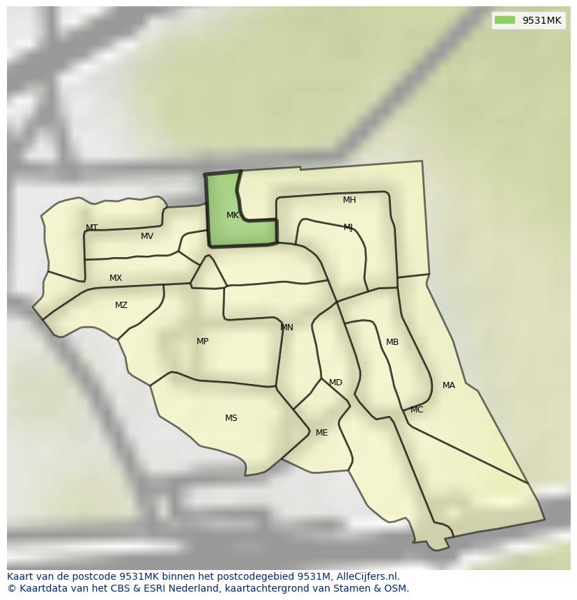 Afbeelding van het postcodegebied 9531 MK op de kaart.