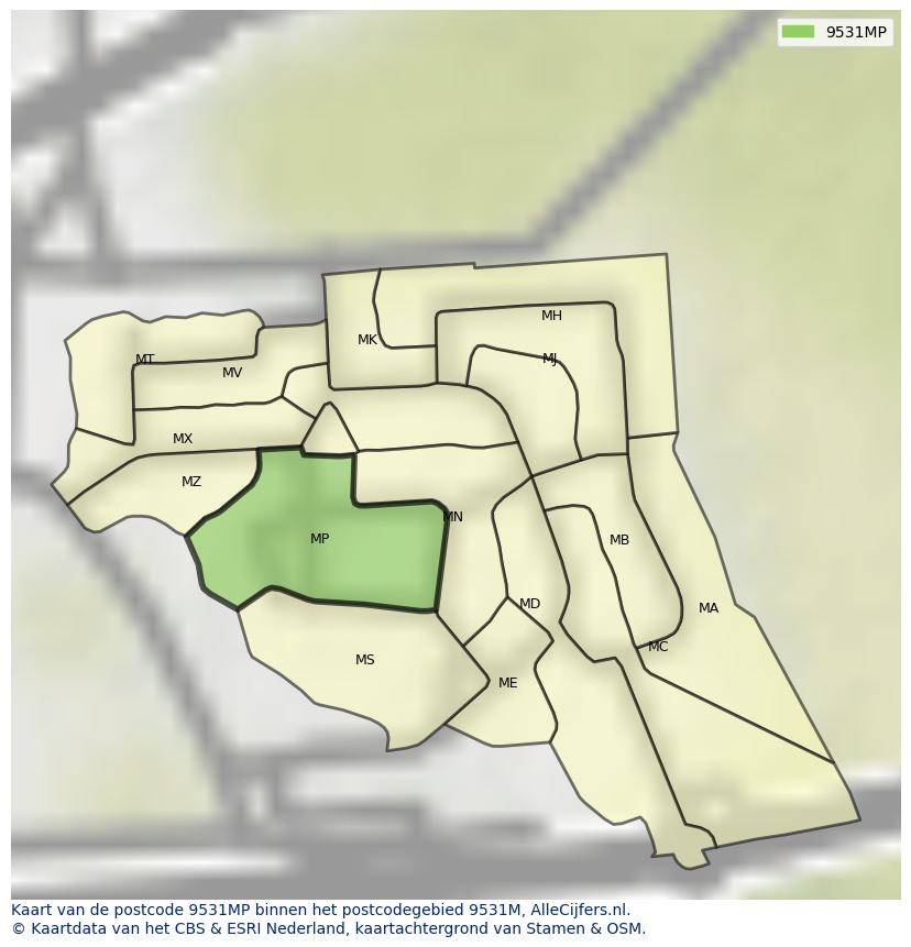 Afbeelding van het postcodegebied 9531 MP op de kaart.