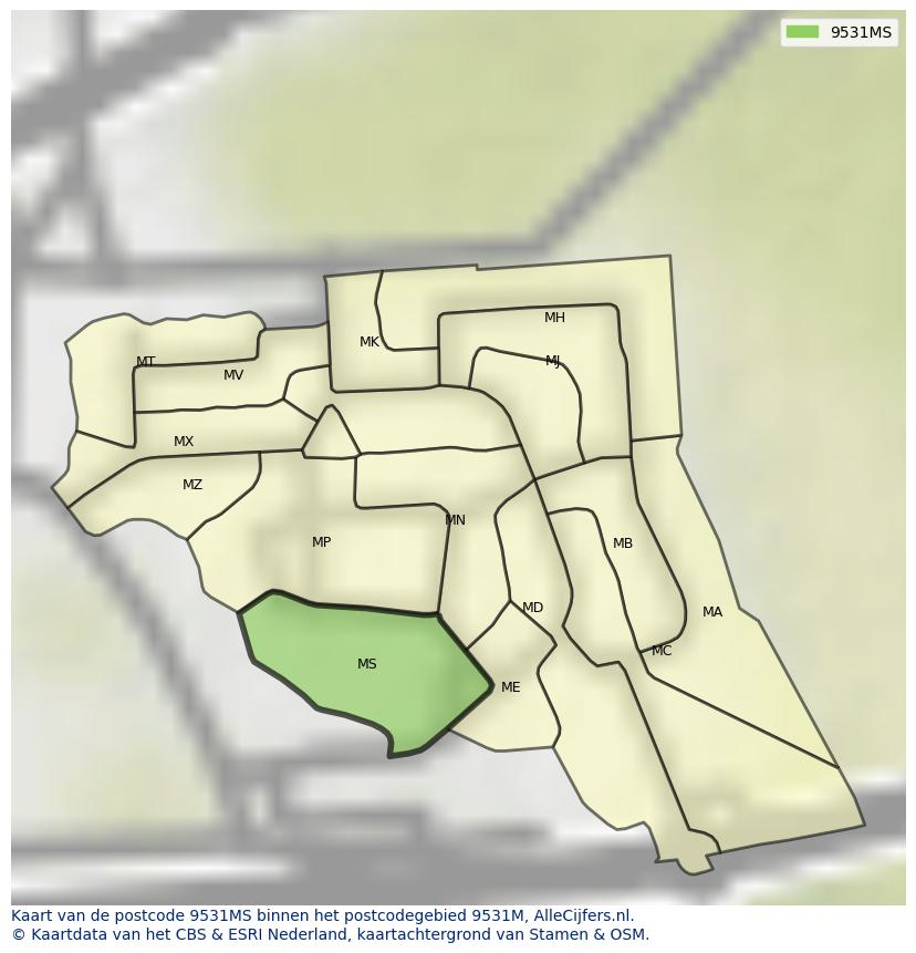 Afbeelding van het postcodegebied 9531 MS op de kaart.
