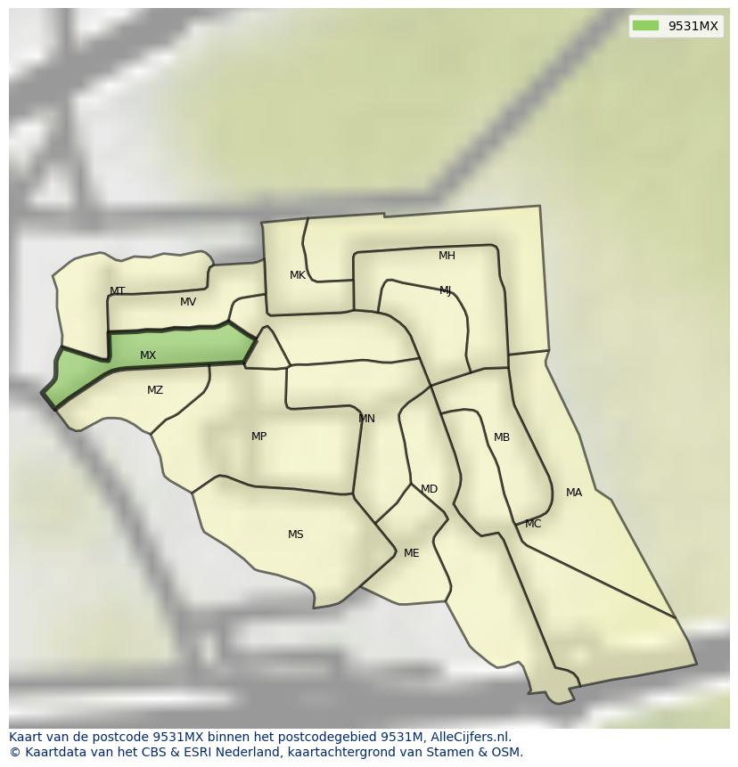 Afbeelding van het postcodegebied 9531 MX op de kaart.