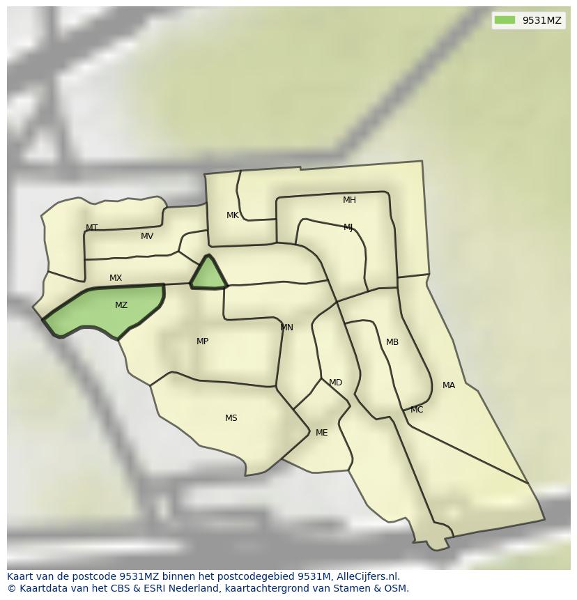 Afbeelding van het postcodegebied 9531 MZ op de kaart.