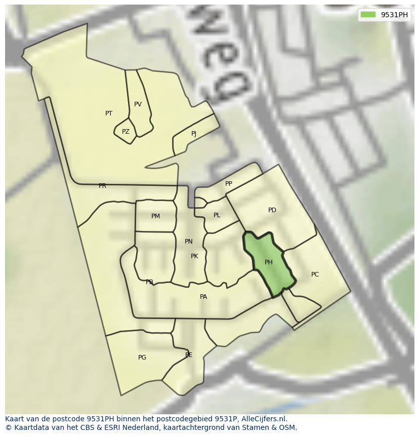 Afbeelding van het postcodegebied 9531 PH op de kaart.