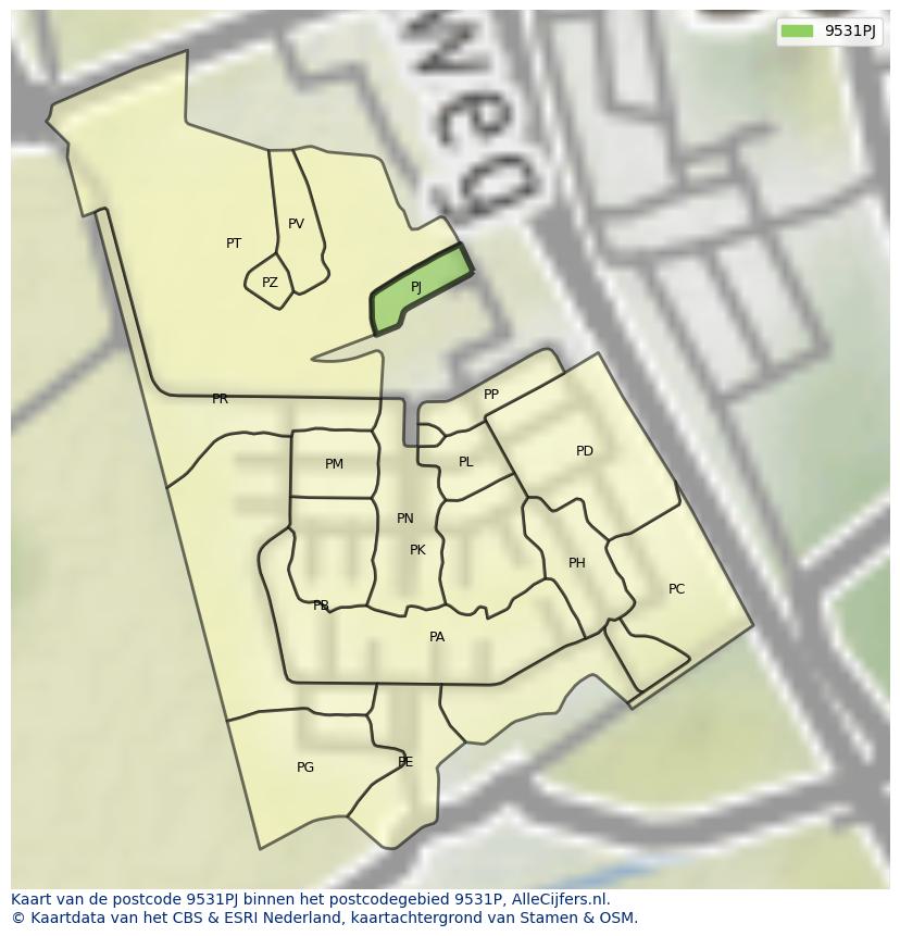 Afbeelding van het postcodegebied 9531 PJ op de kaart.