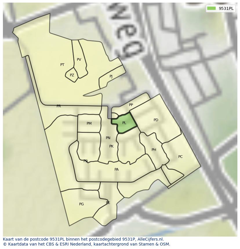 Afbeelding van het postcodegebied 9531 PL op de kaart.