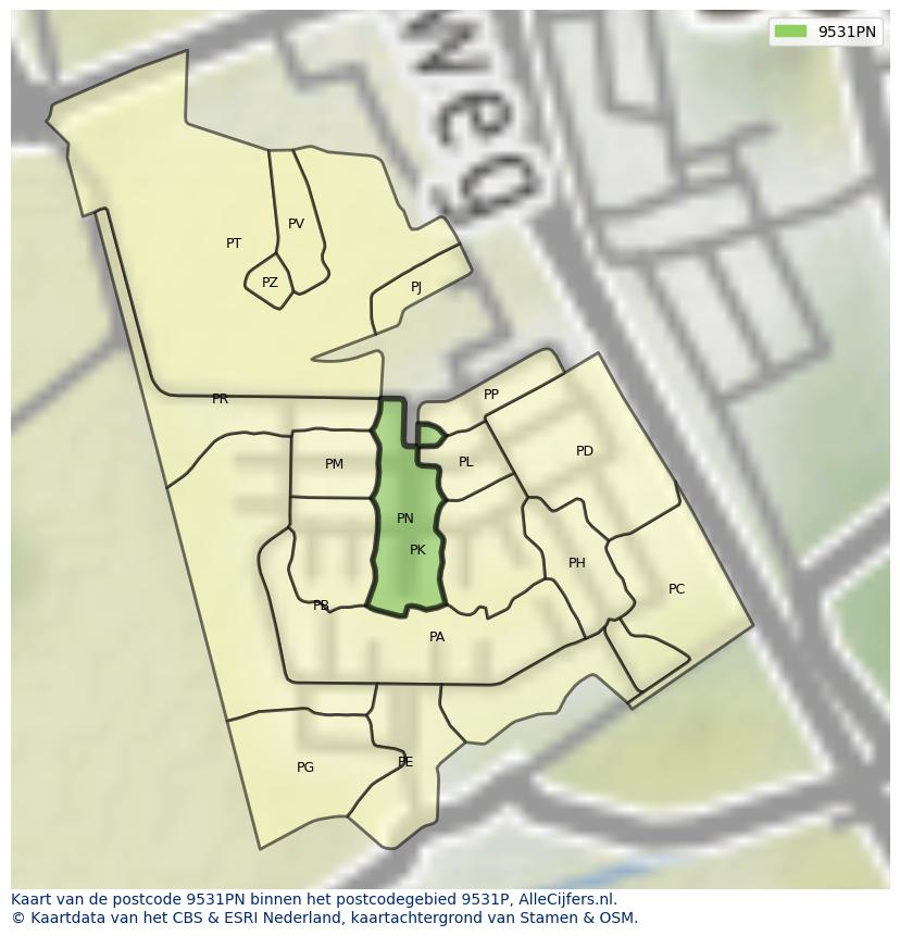 Afbeelding van het postcodegebied 9531 PN op de kaart.