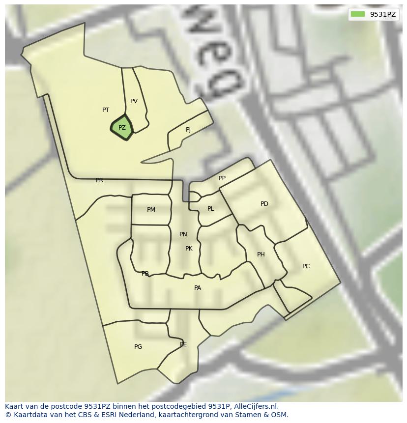 Afbeelding van het postcodegebied 9531 PZ op de kaart.