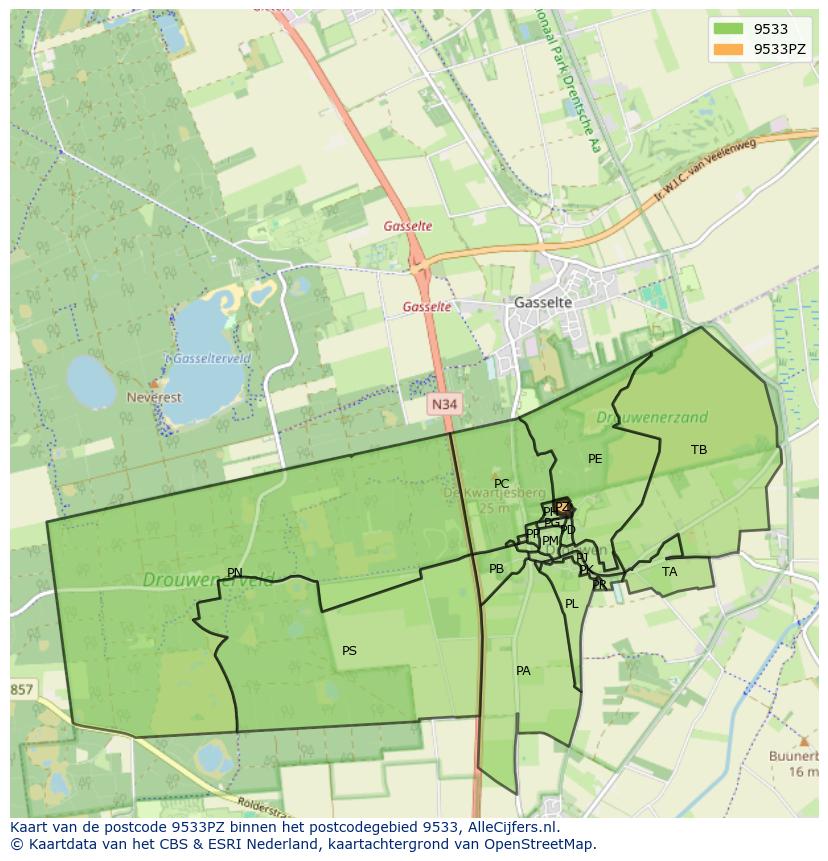 Afbeelding van het postcodegebied 9533 PZ op de kaart.