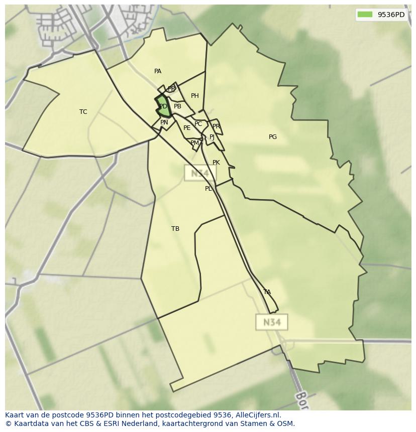 Afbeelding van het postcodegebied 9536 PD op de kaart.