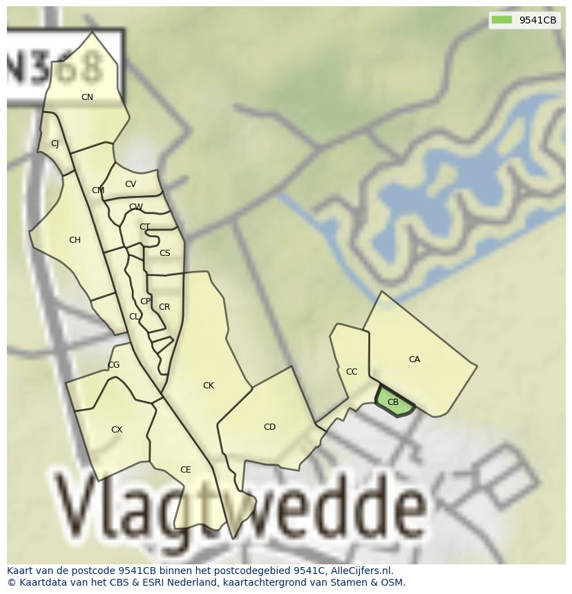 Afbeelding van het postcodegebied 9541 CB op de kaart.