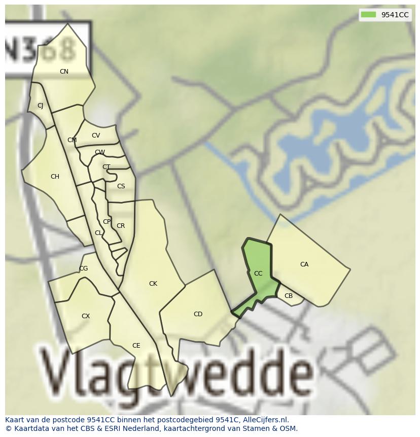 Afbeelding van het postcodegebied 9541 CC op de kaart.