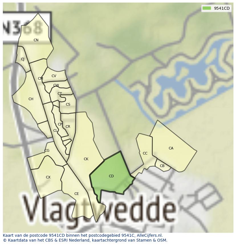 Afbeelding van het postcodegebied 9541 CD op de kaart.