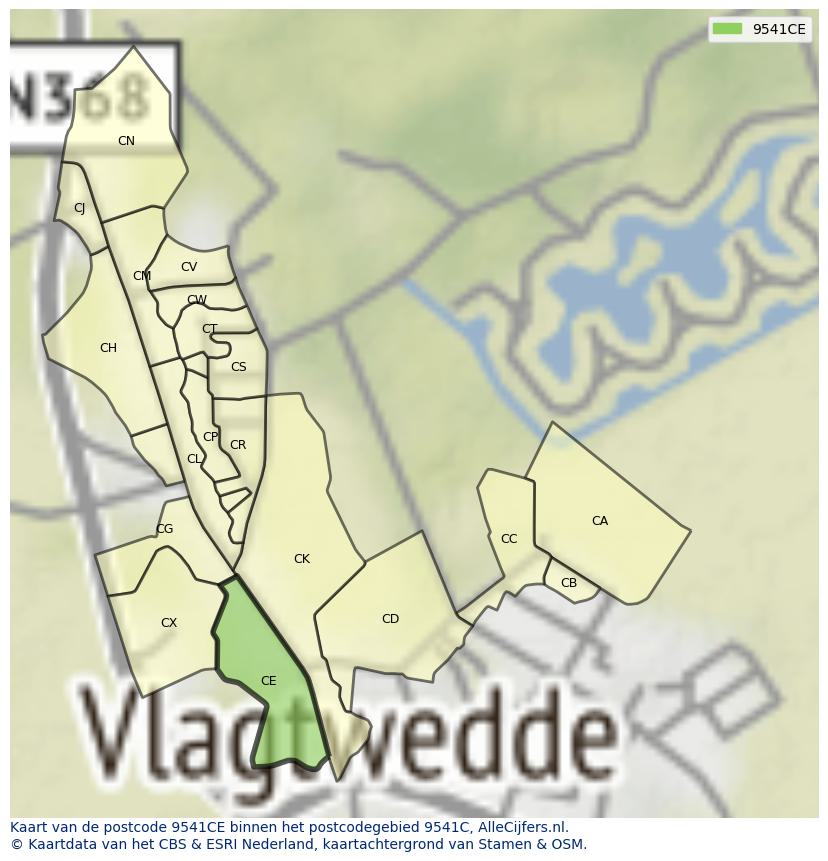 Afbeelding van het postcodegebied 9541 CE op de kaart.