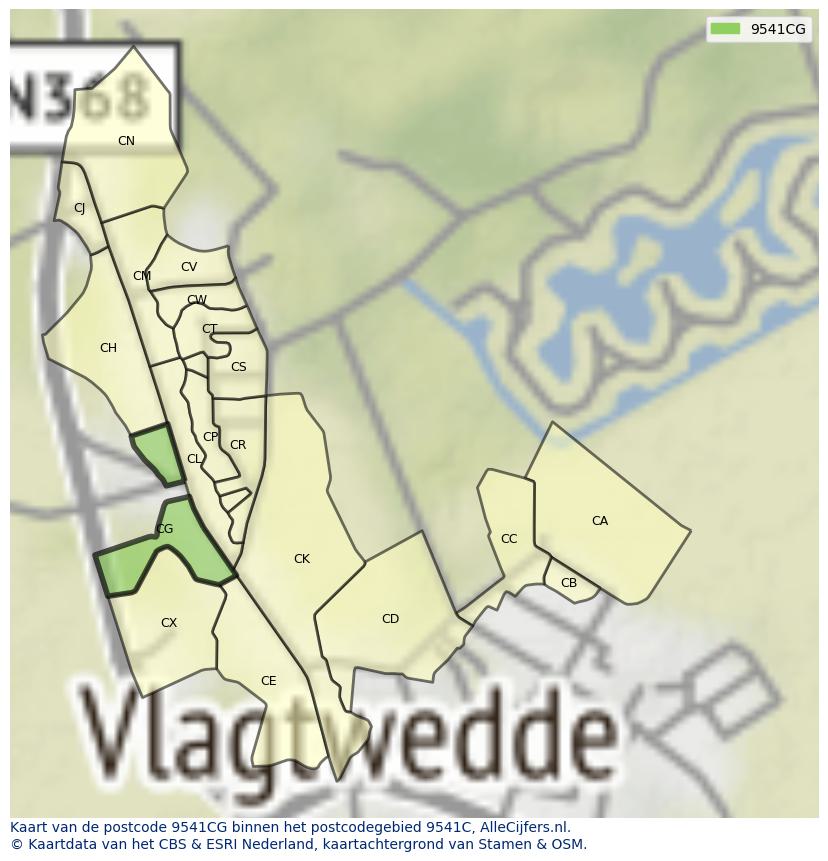 Afbeelding van het postcodegebied 9541 CG op de kaart.