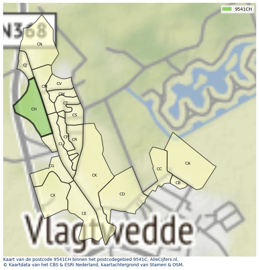 Afbeelding van het postcodegebied 9541 CH op de kaart.