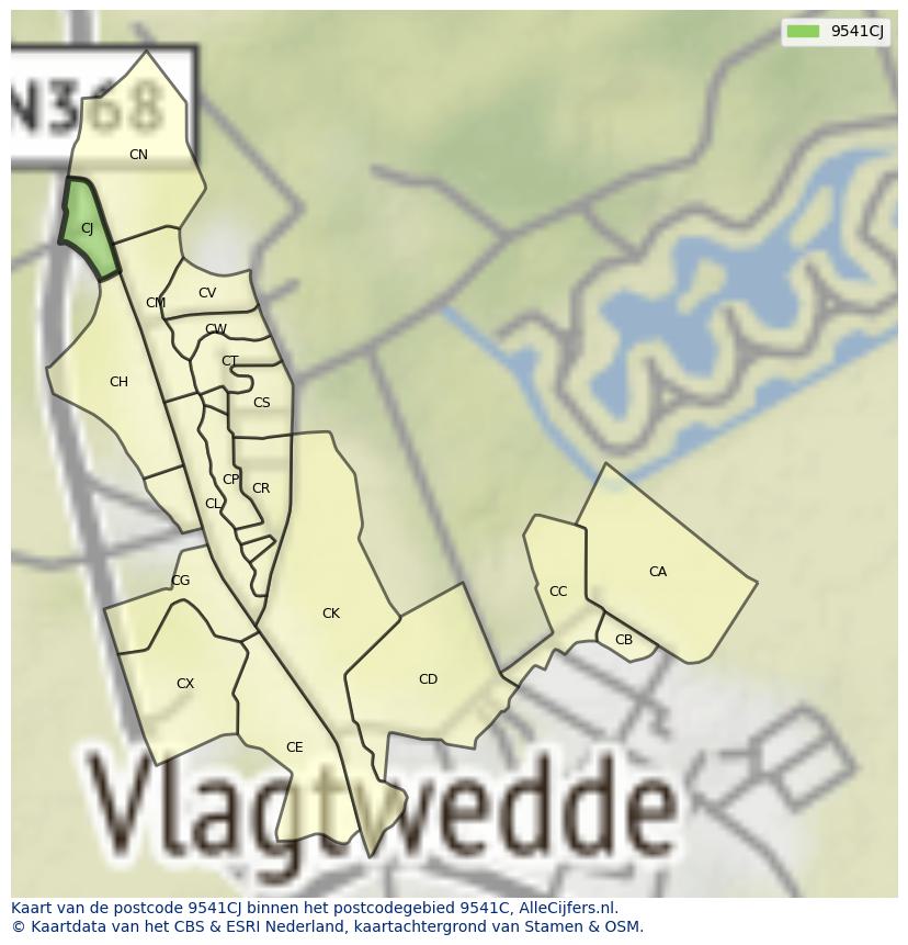 Afbeelding van het postcodegebied 9541 CJ op de kaart.