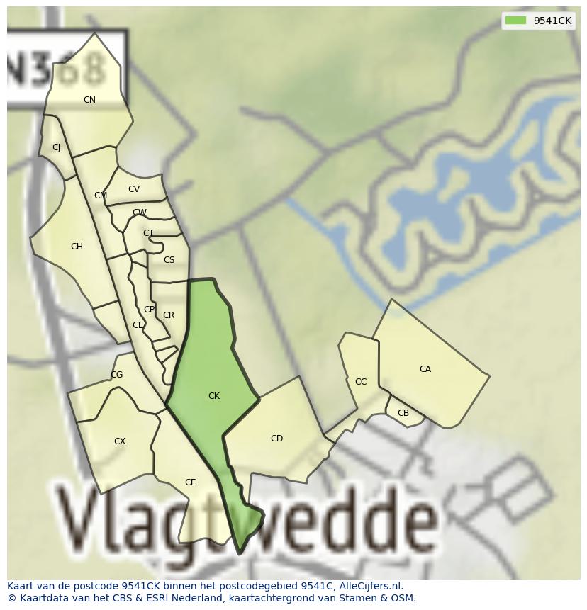 Afbeelding van het postcodegebied 9541 CK op de kaart.