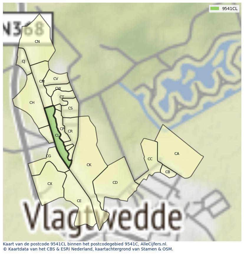 Afbeelding van het postcodegebied 9541 CL op de kaart.