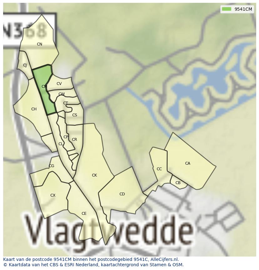 Afbeelding van het postcodegebied 9541 CM op de kaart.