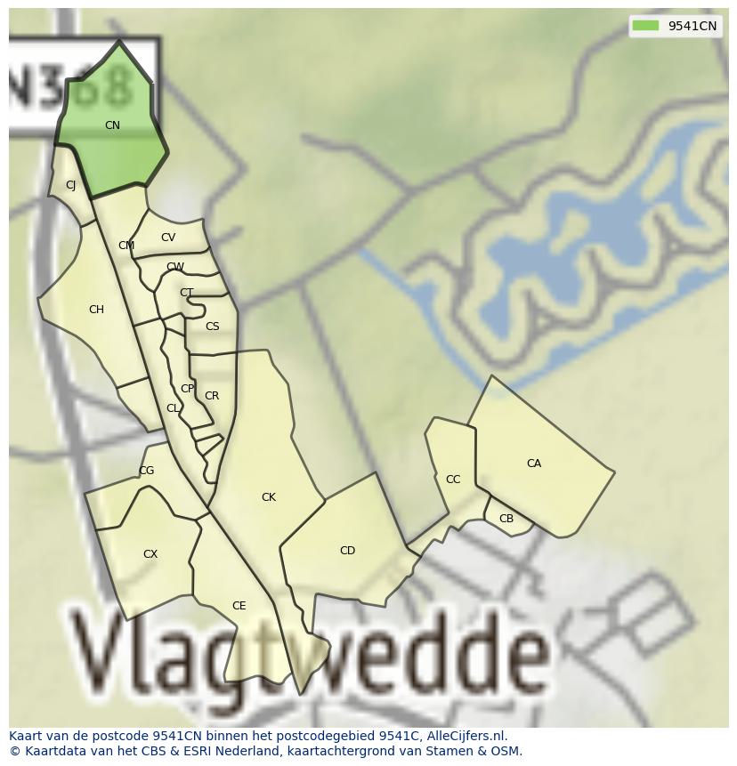 Afbeelding van het postcodegebied 9541 CN op de kaart.