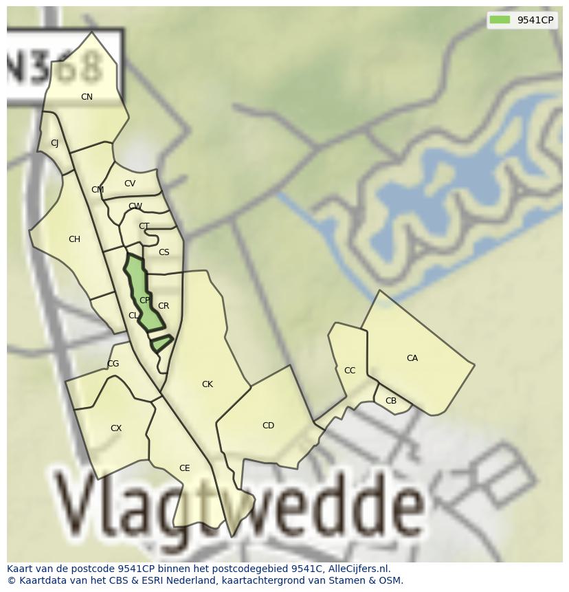 Afbeelding van het postcodegebied 9541 CP op de kaart.
