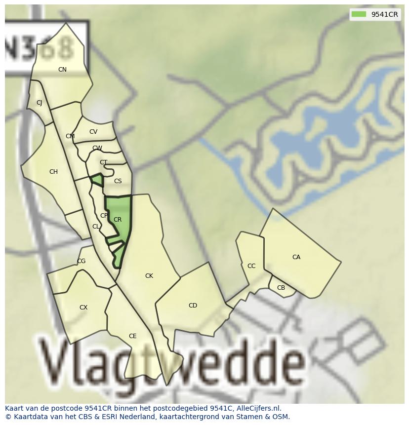 Afbeelding van het postcodegebied 9541 CR op de kaart.