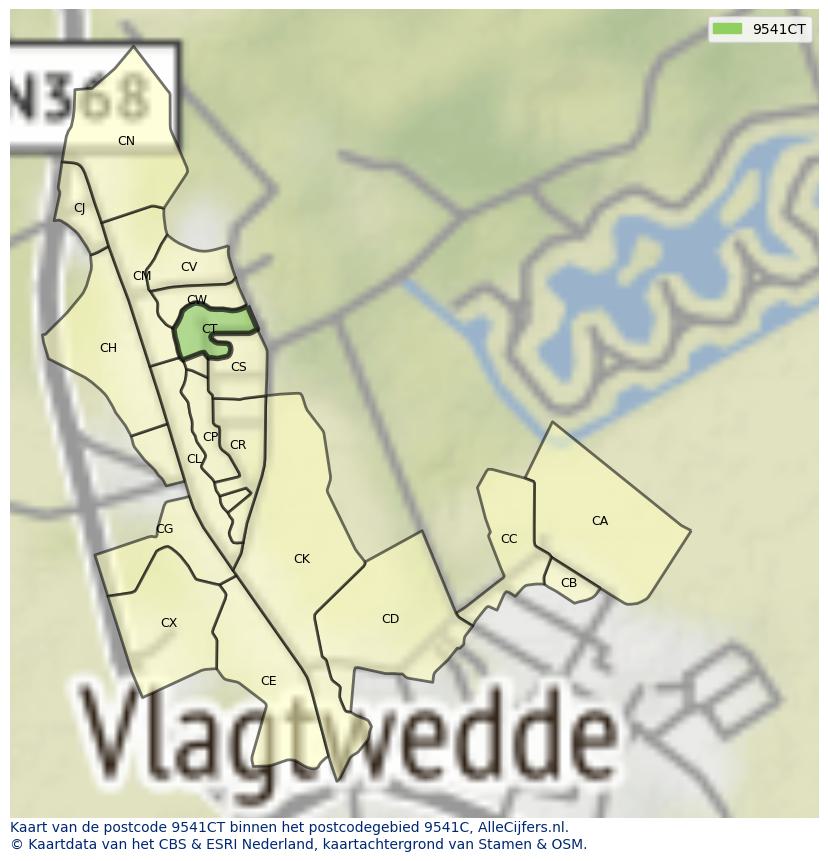 Afbeelding van het postcodegebied 9541 CT op de kaart.