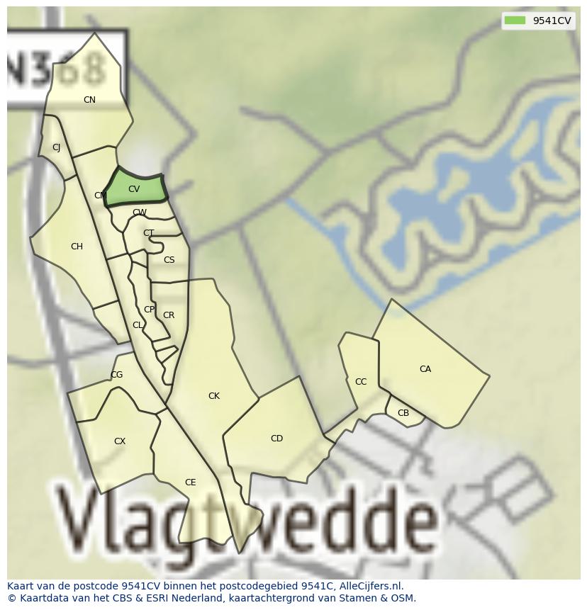 Afbeelding van het postcodegebied 9541 CV op de kaart.