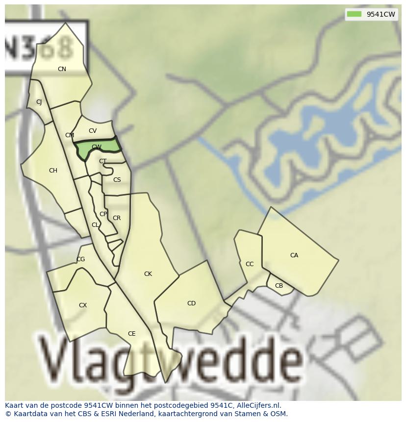 Afbeelding van het postcodegebied 9541 CW op de kaart.